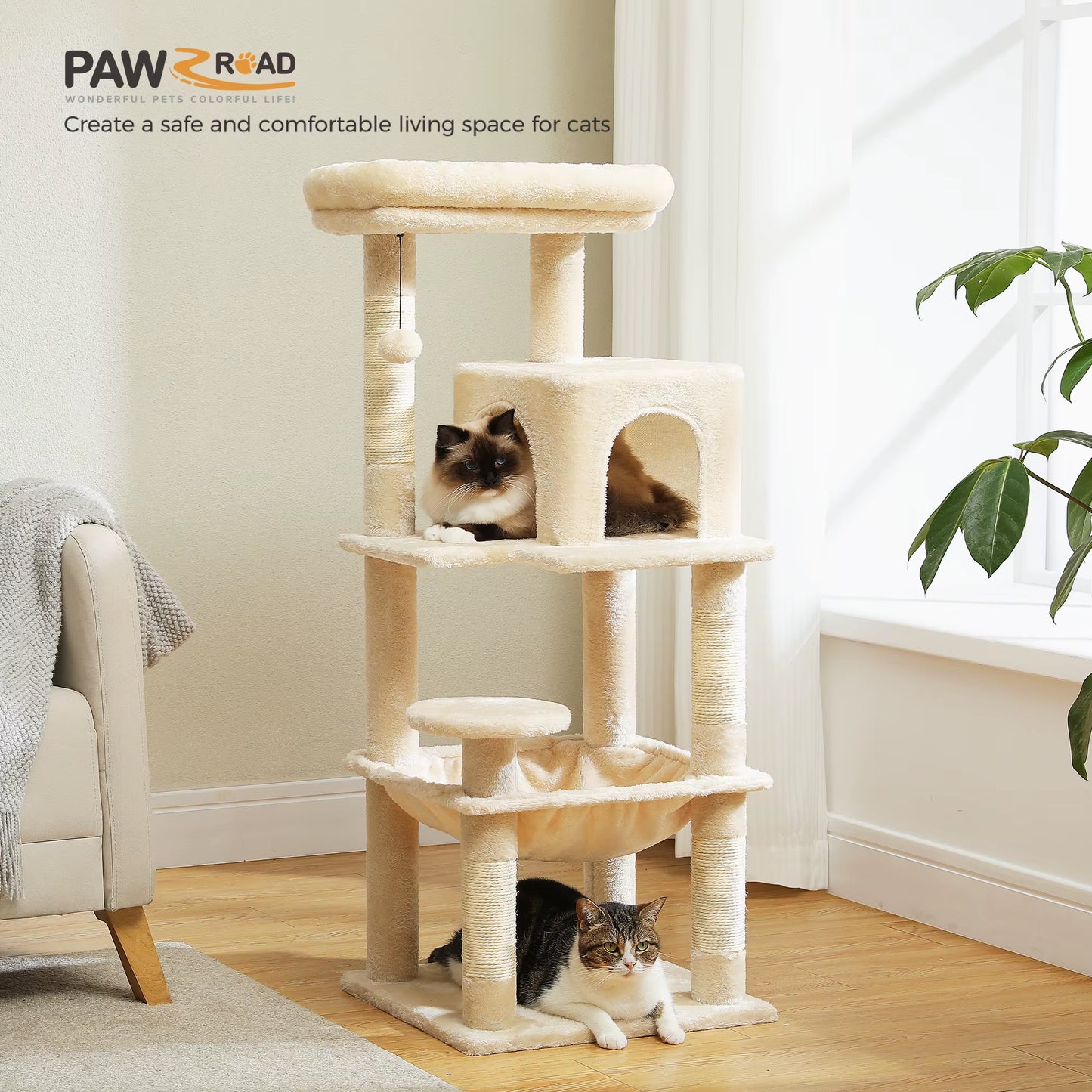 Cat Tree for Indoor Cats, 5-Level Cat Tower for Large Cats with Metal Frame Large Hammock Cat Condo with Big Top Perch